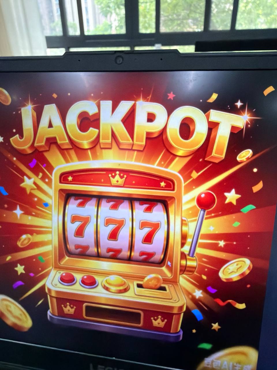 A colourful jackpot slot game with golden coins and 777 reels